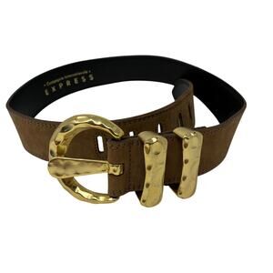Vintage 90s Express Brown Leather Belt Hammered Gold Buckle Size Small